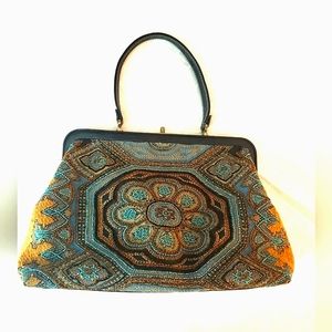 Isabella Fiore Beaded Carpet Leather Satchel Bag Turquoise Floral Vintage